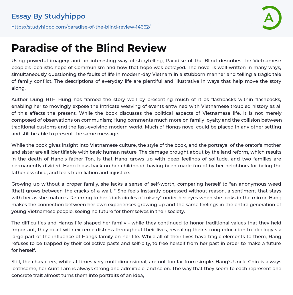 Paradise of the Blind Review Essay Example