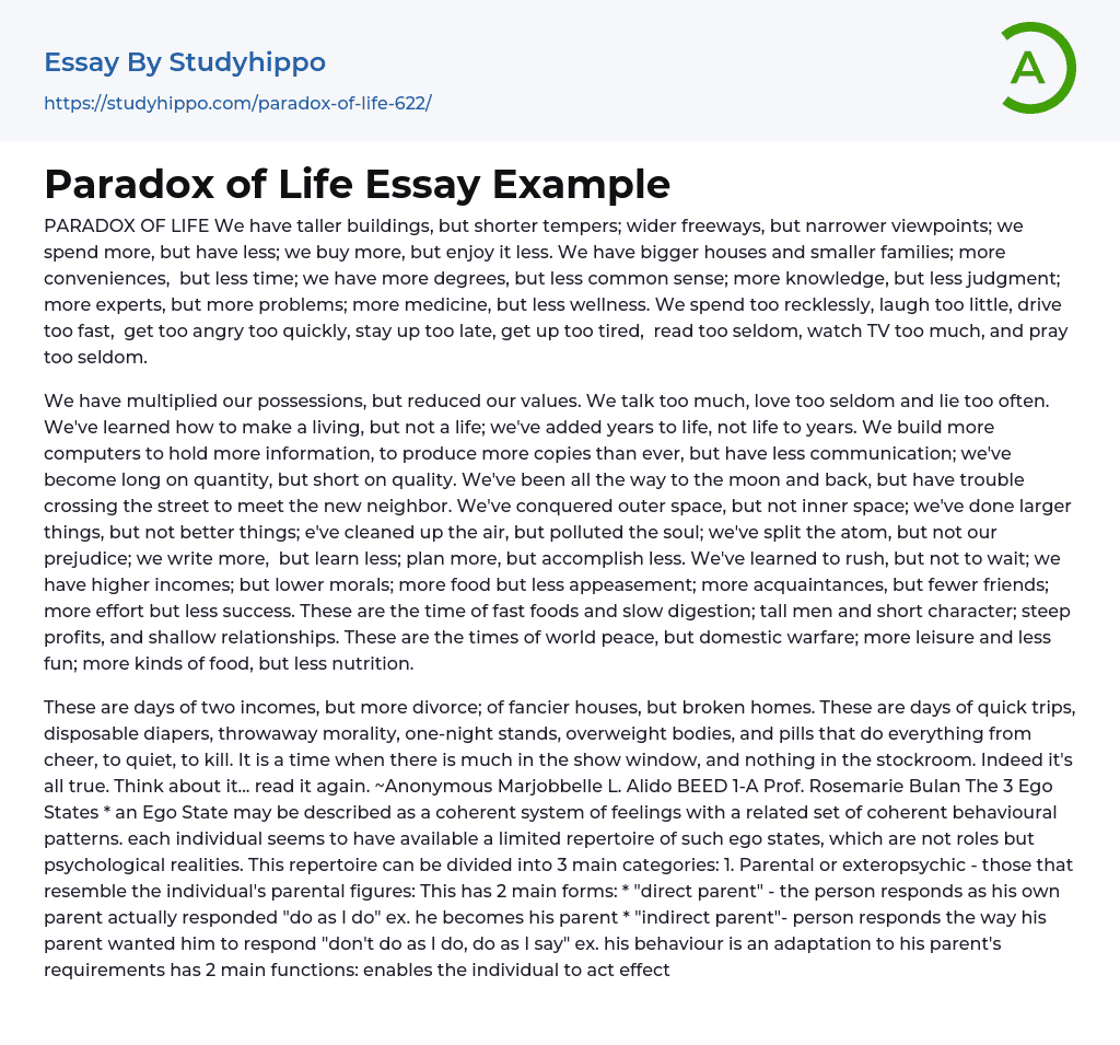My Reflections on the “Paradox of Life” Essay Example