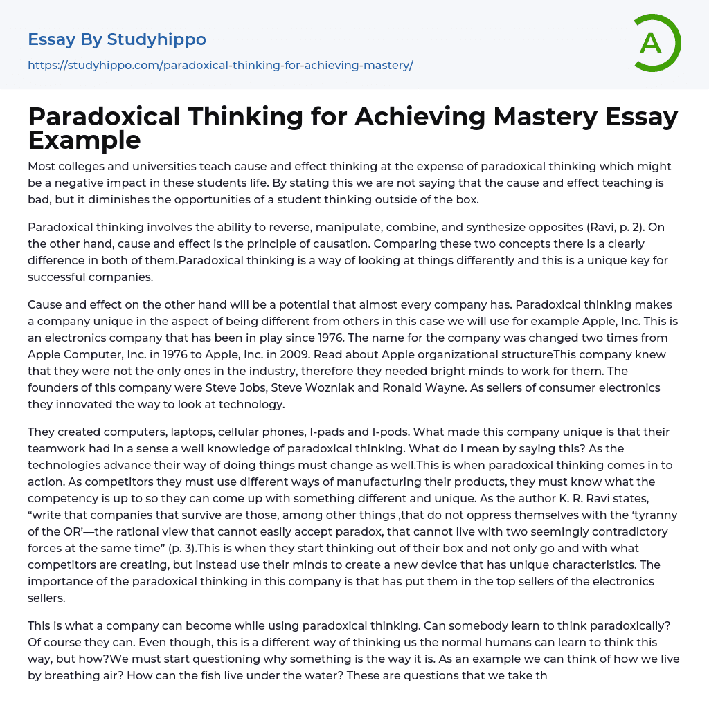 Paradoxical Thinking for Achieving Mastery Essay Example