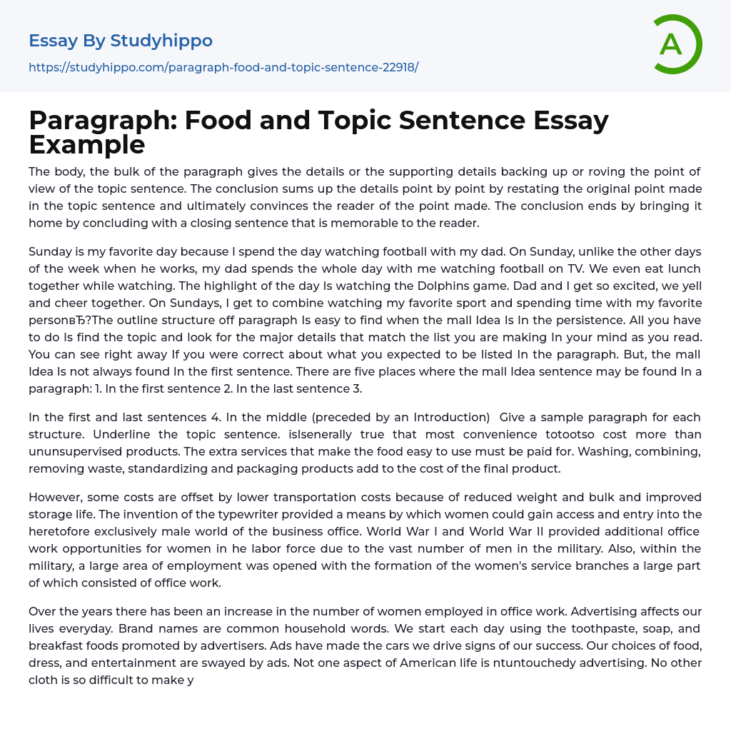 Paragraph: Food and Topic Sentence Essay Example