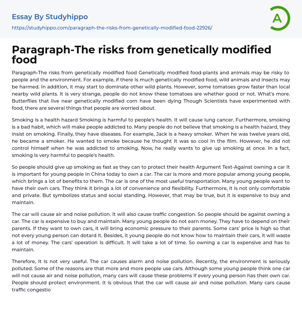 Paragraph-The risks from genetically modified food Essay Example