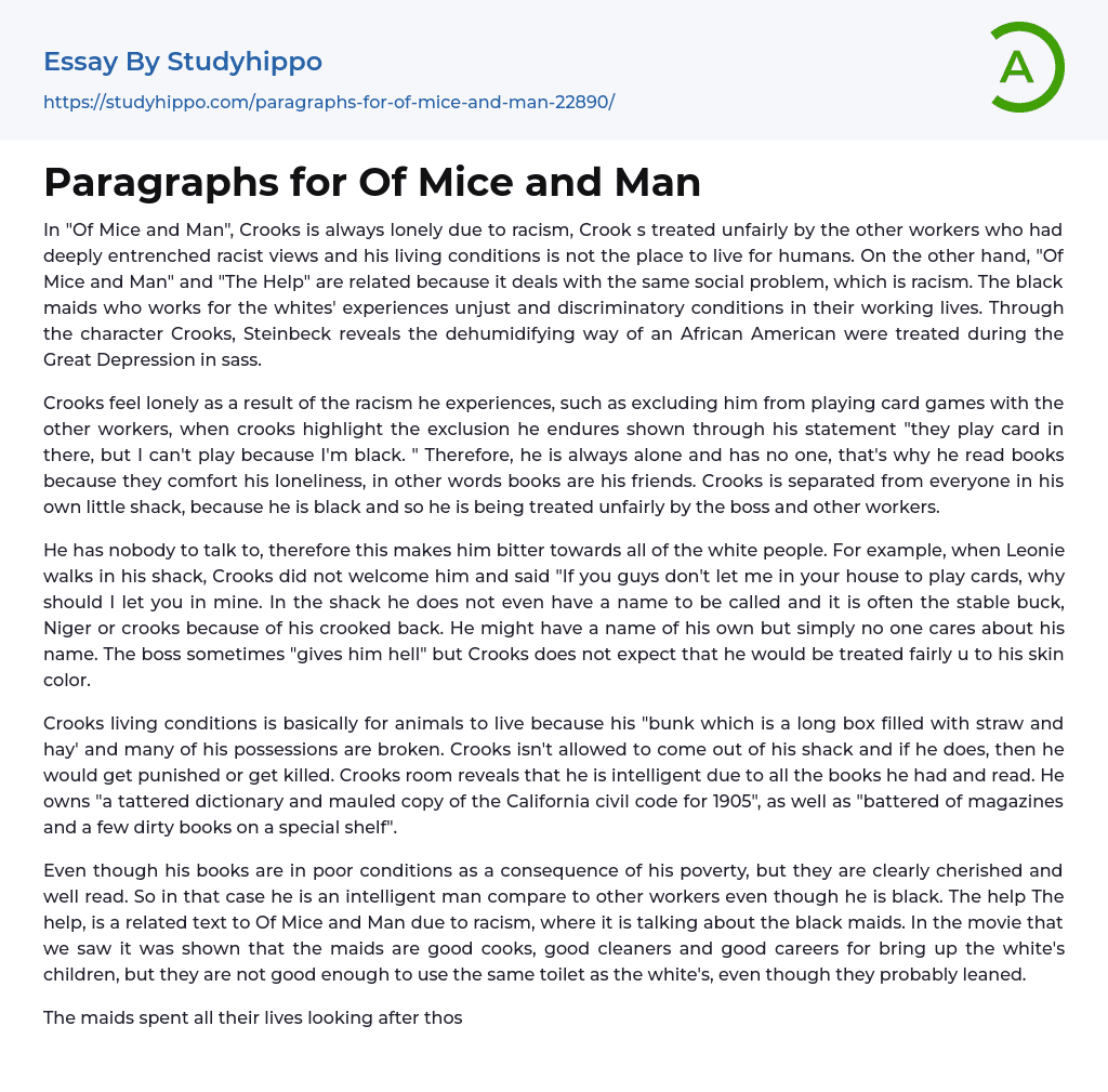 Paragraphs for Of Mice and Man Essay Example