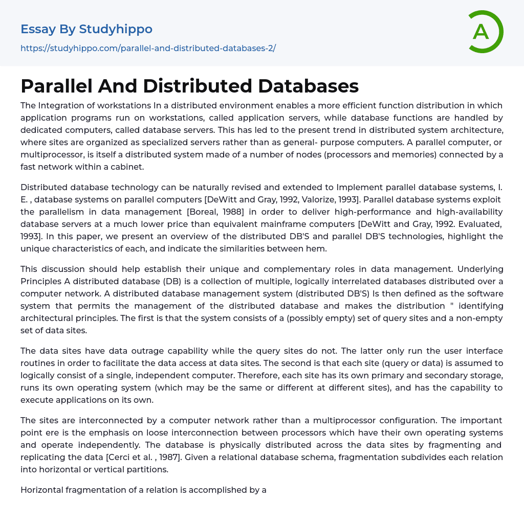 Parallel And Distributed Databases Essay Example