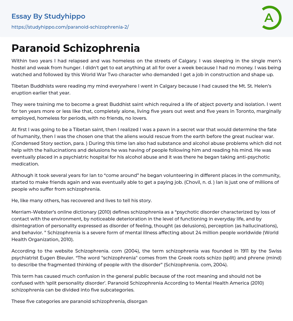 Paranoid Schizophrenia Essay Example