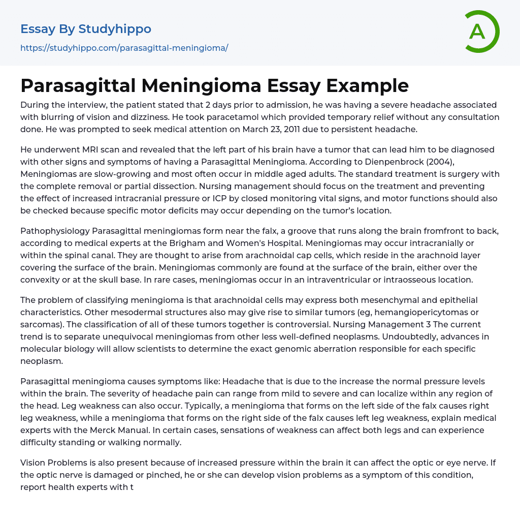 Parasagittal Meningioma Essay Example