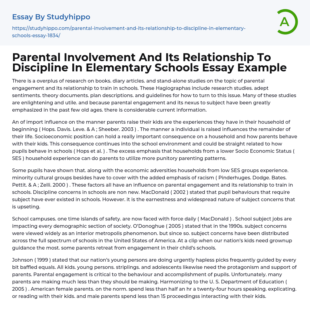 Parental Involvement And Its Relationship To Discipline In Elementary Schools Essay Example