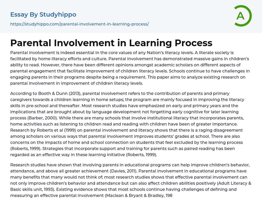 Parental Involvement in Learning Process Essay Example