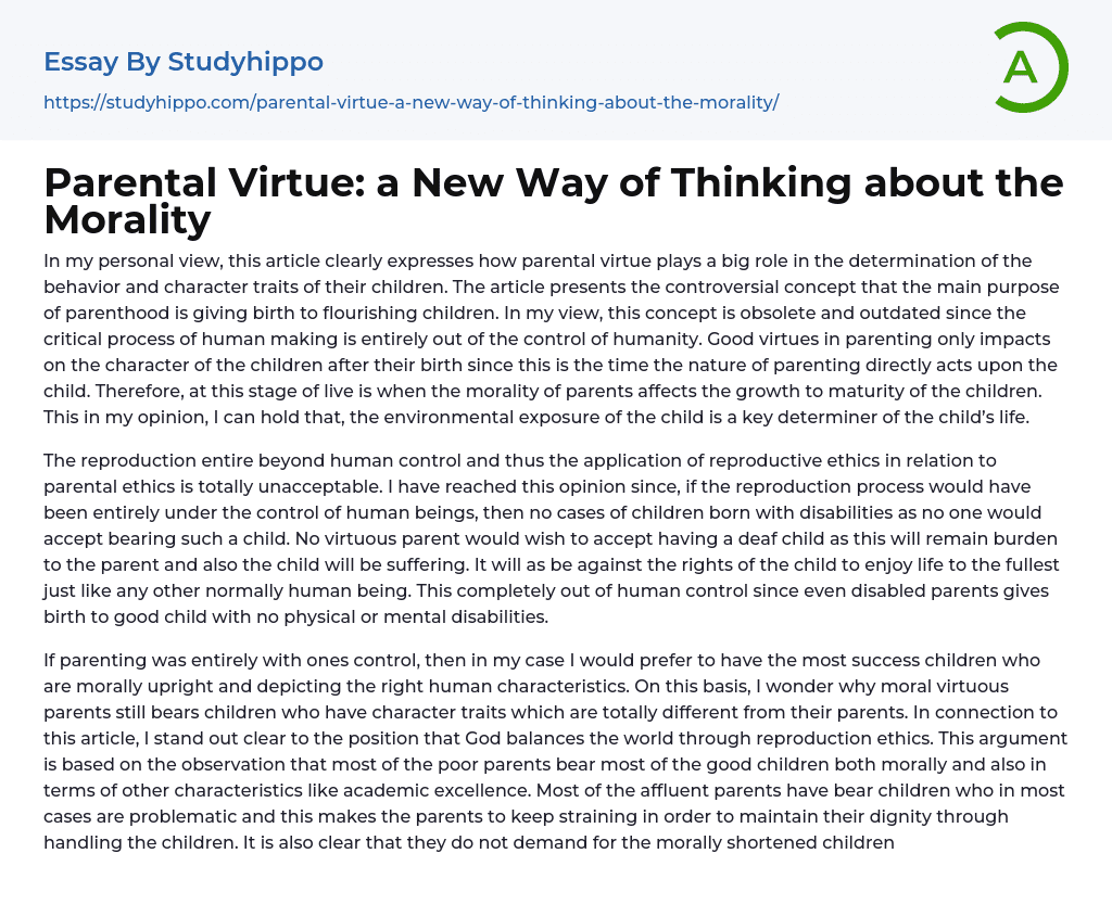 Parental Virtue: a New Way of Thinking about the Morality Essay Example