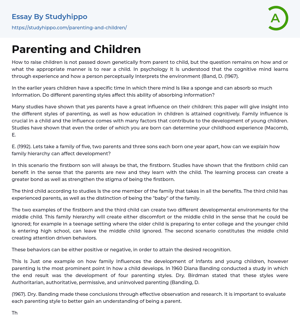 Parenting and Children Essay Example