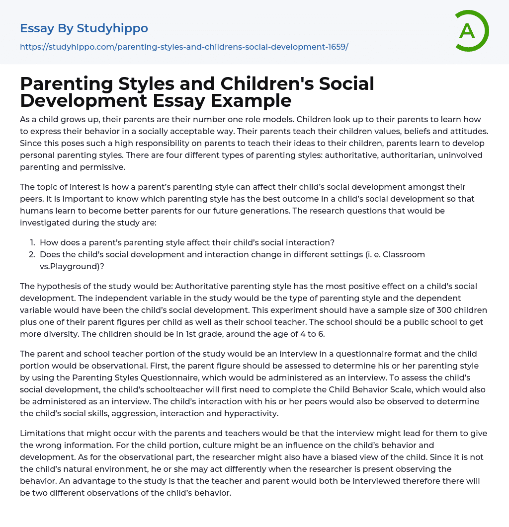 Parenting Styles and Children’s Social Development Essay Example