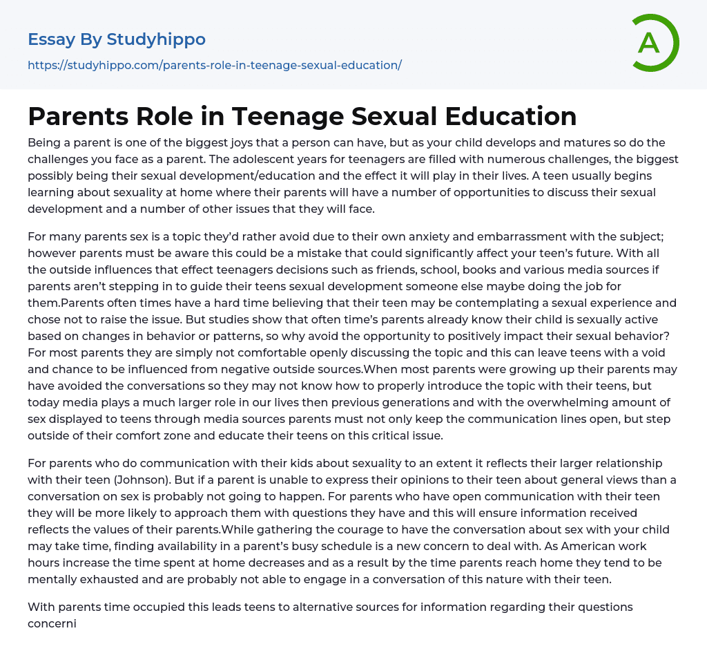 Parents Role in Teenage Sexual Education Essay Example