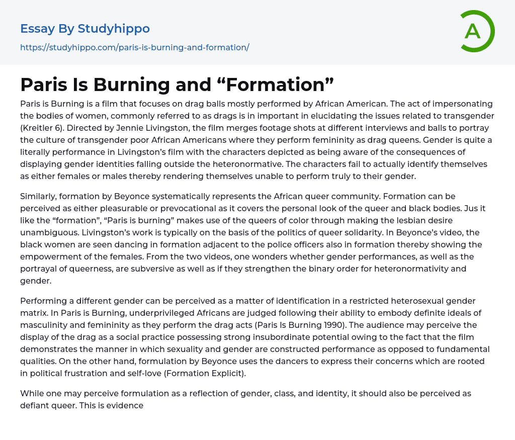 Paris Is Burning and “Formation” Essay Example