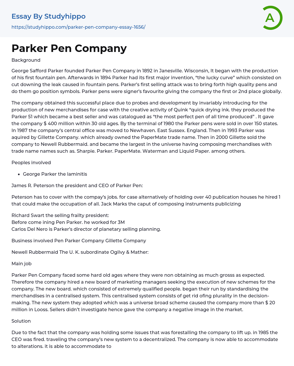 Parker Pen Company Essay Example