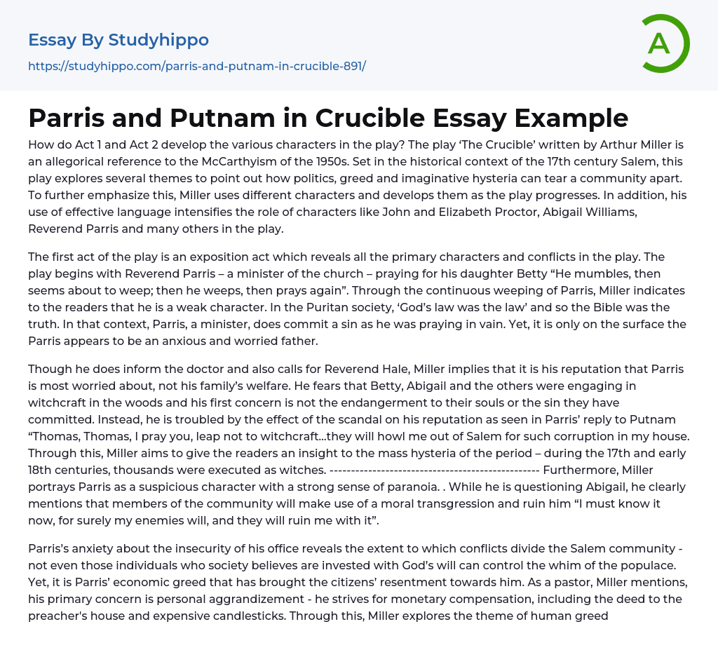 “The Crucible”: How Do Act 1 and Act 2 Develop the Various Characters in the Play? Essay Example