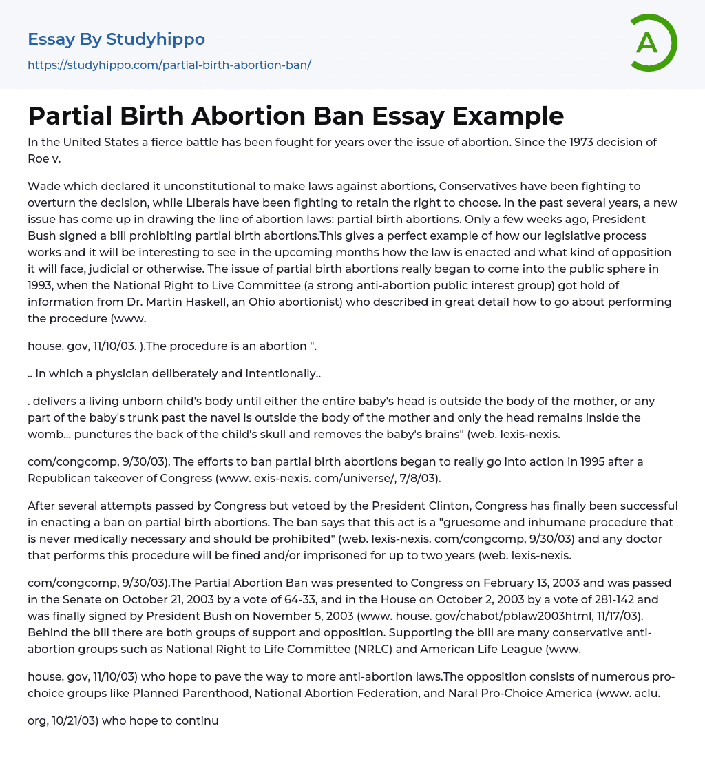 Partial Birth Abortion Ban Essay Example