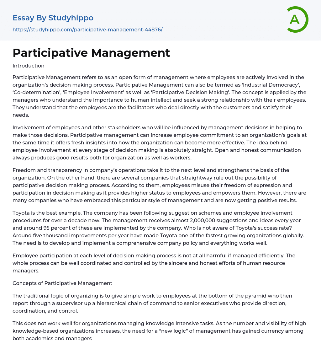 Participative Management Essay Example