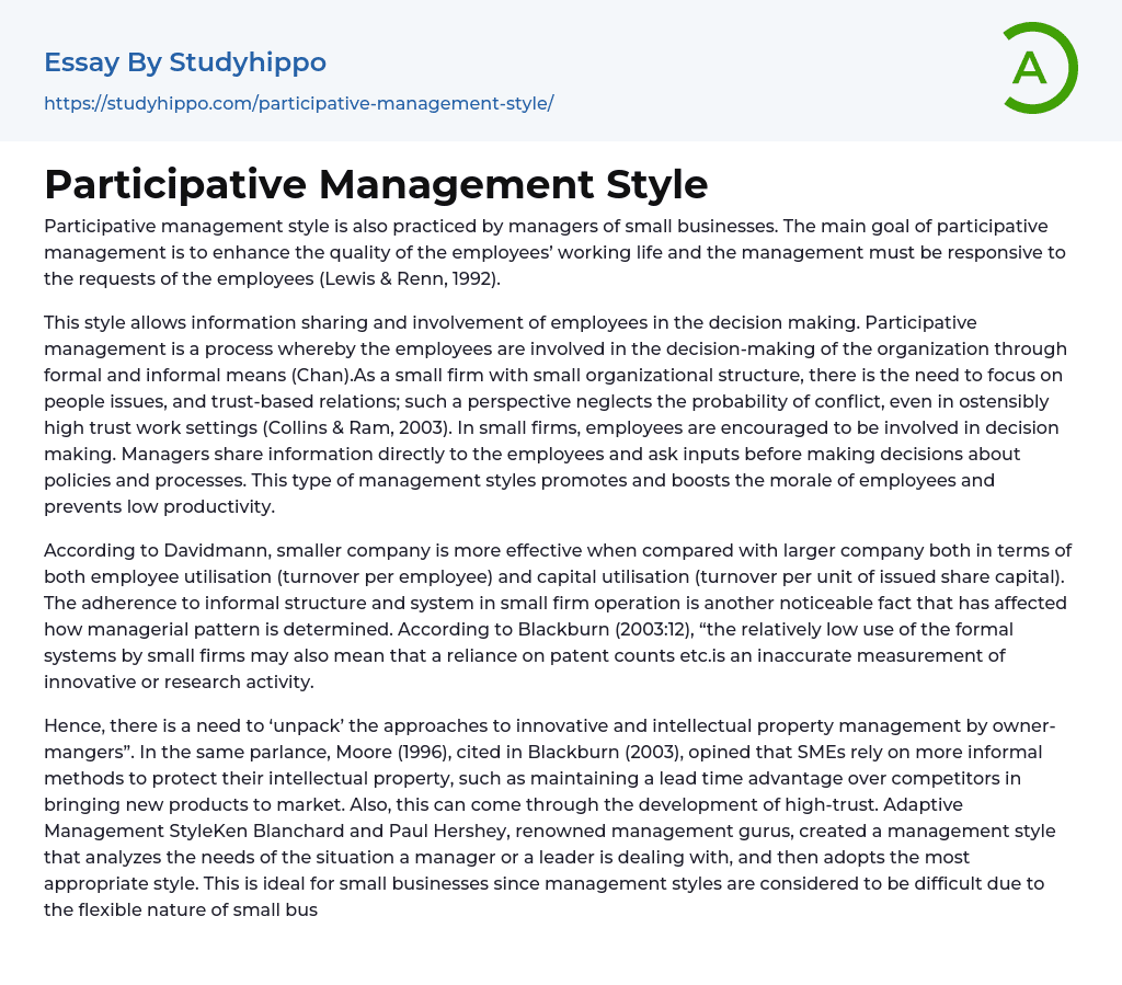 Participative Management Style Essay Example