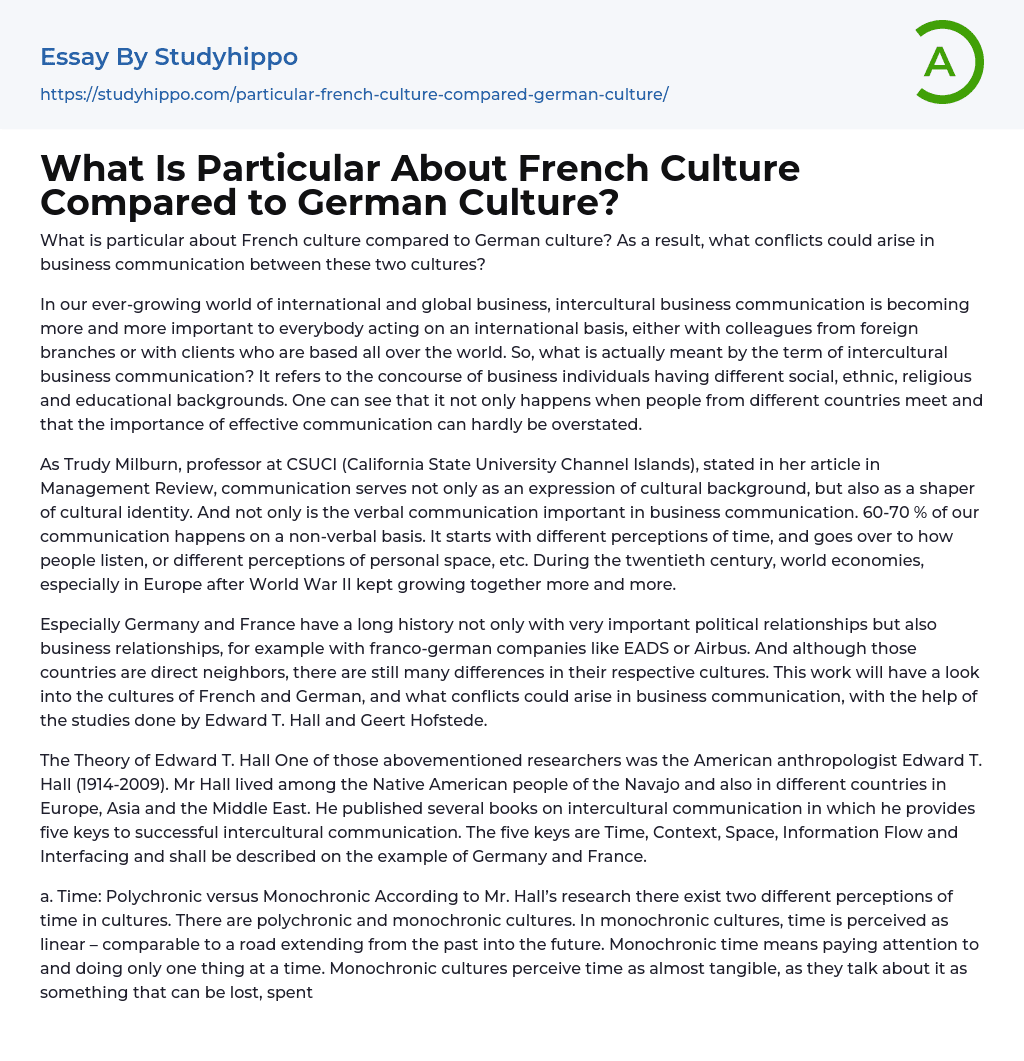 What Is Particular About French Culture Compared to German Culture? Essay Example