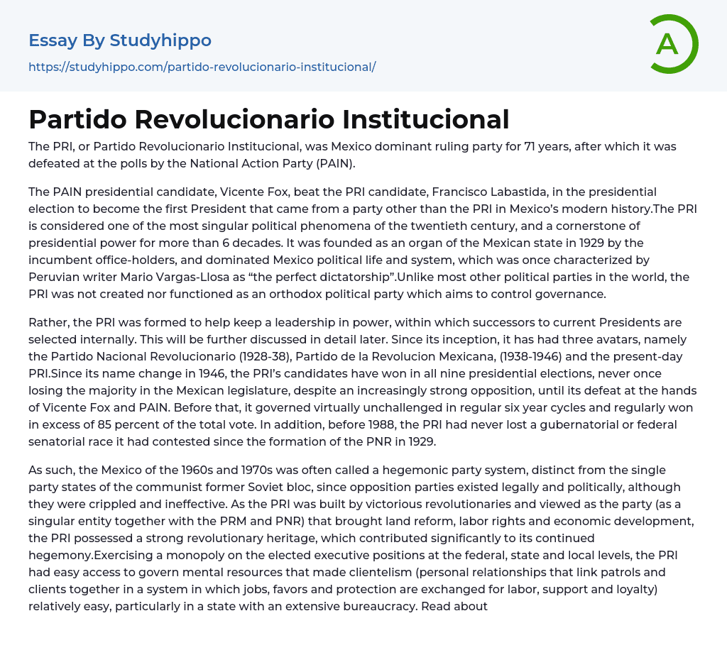 Partido Revolucionario Institucional Essay Example