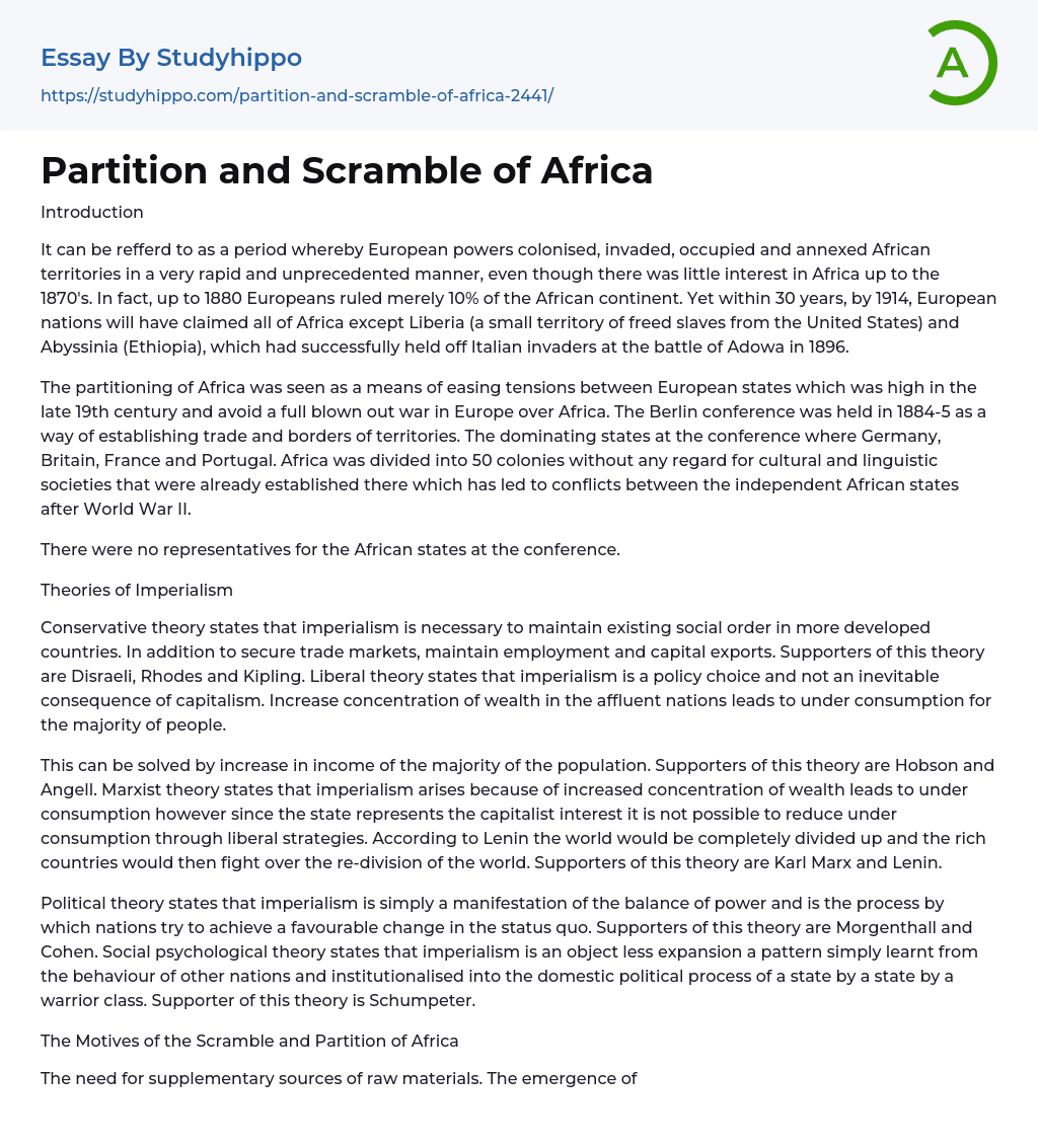 Partition and Scramble of Africa Essay Example