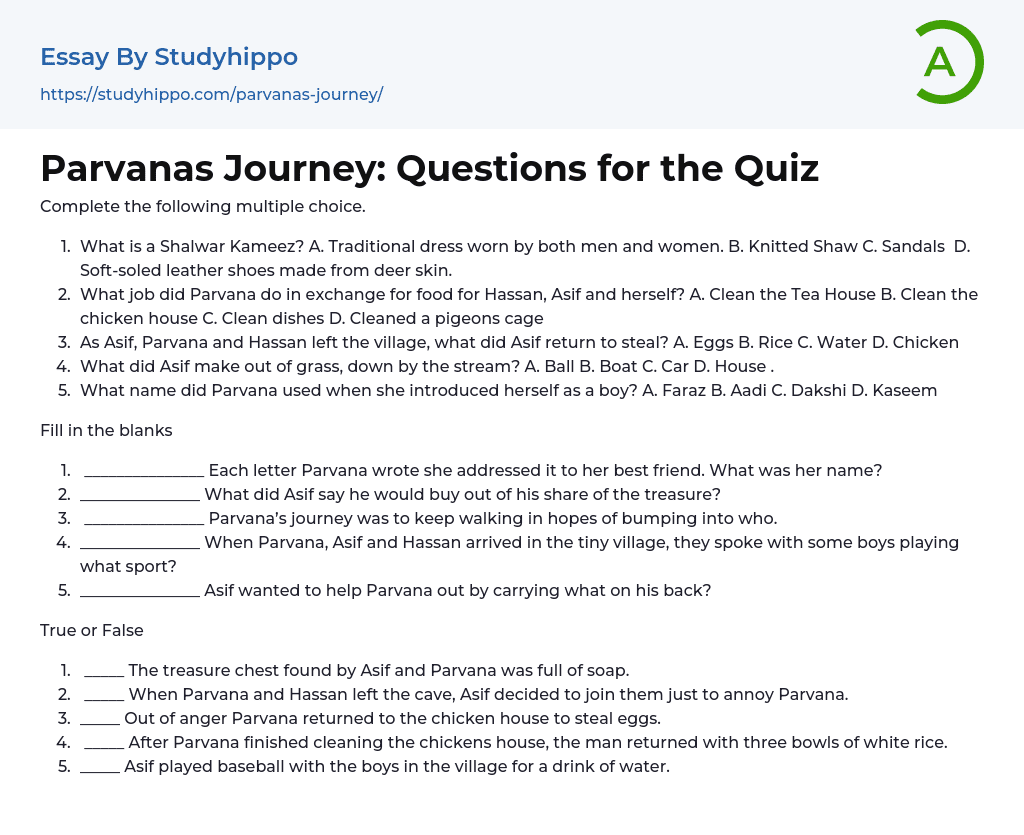 Parvanas Journey: Questions for the Quiz Essay Example