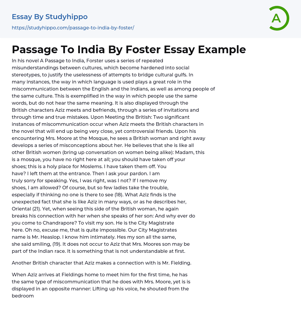 Passage To India By Foster Essay Example