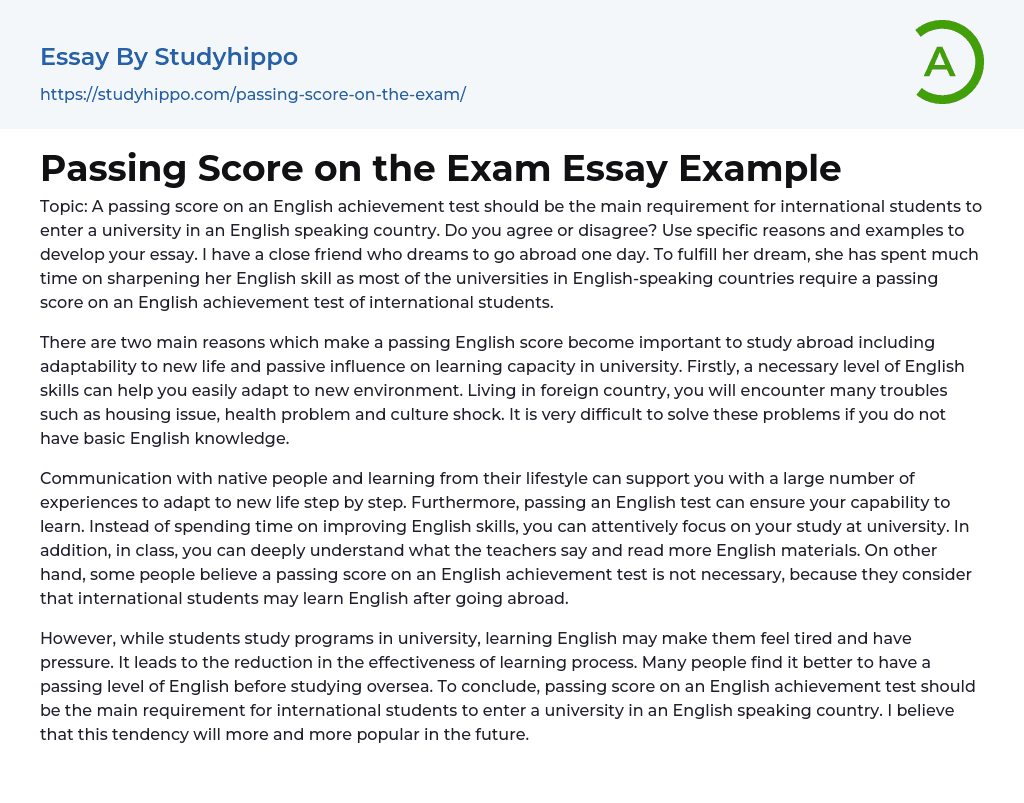 Passing Score on the Exam Essay Example