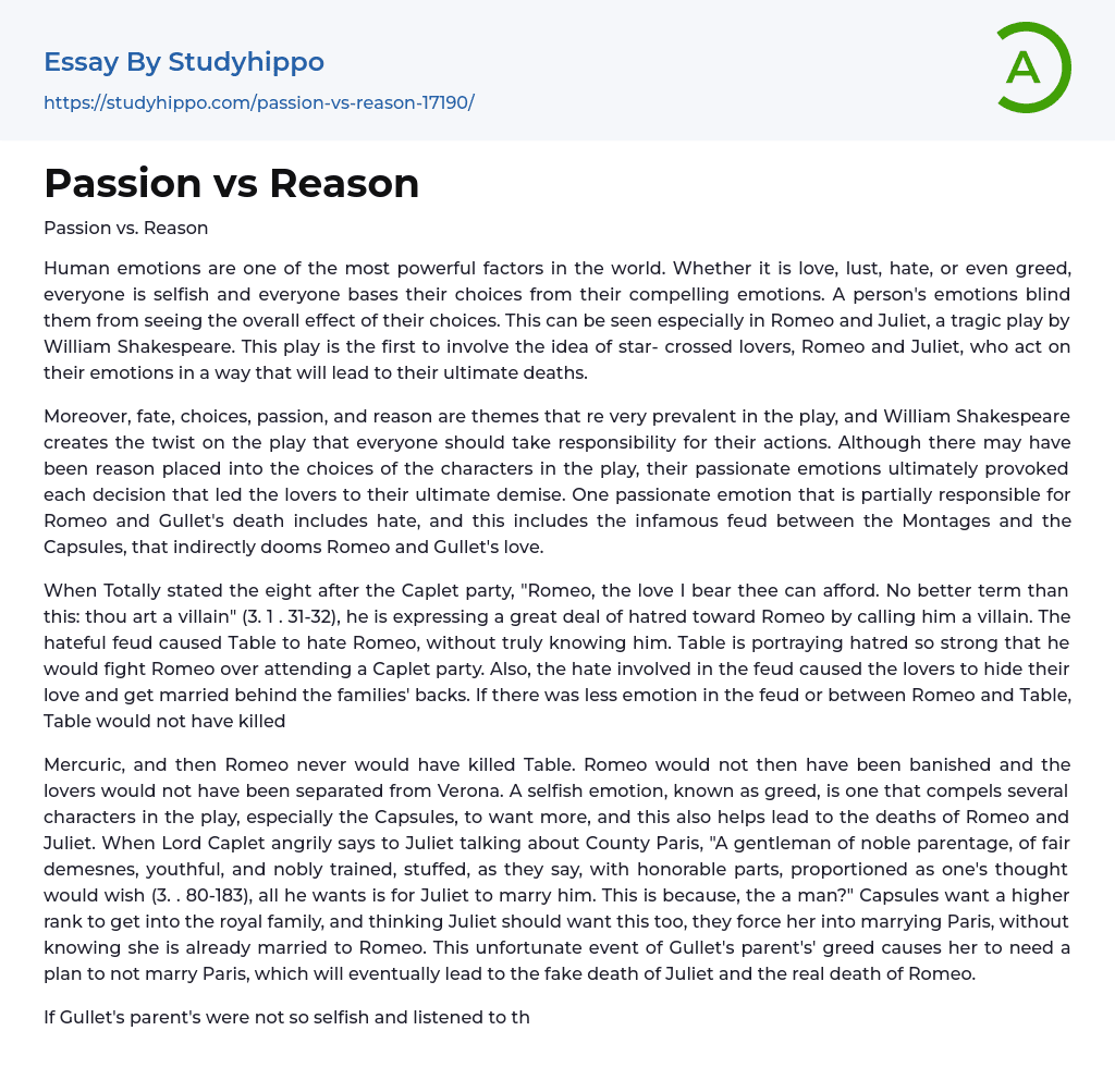 Passion vs Reason Essay Example
