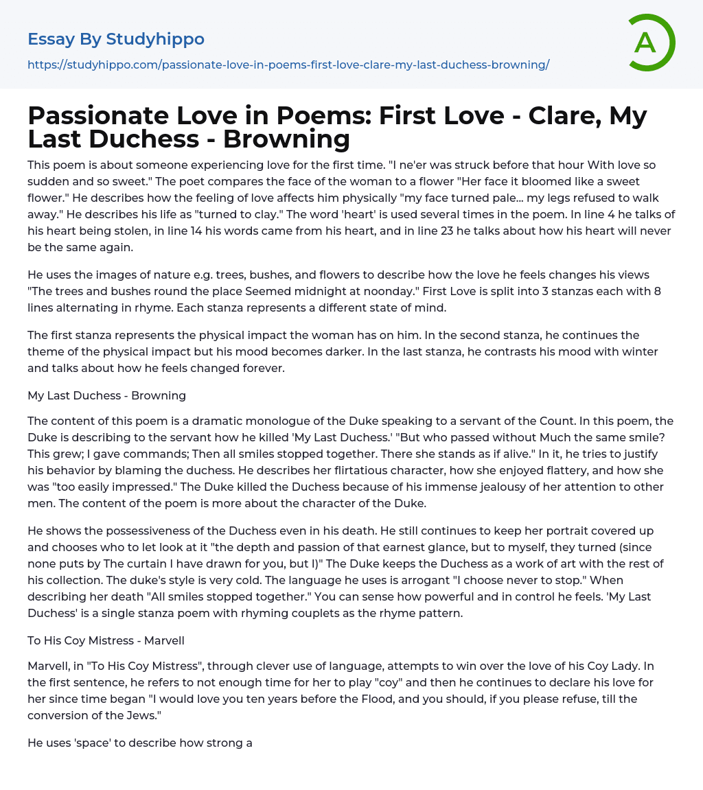 Passionate Love in Poems: First Love – Clare, My Last Duchess – Browning Essay Example