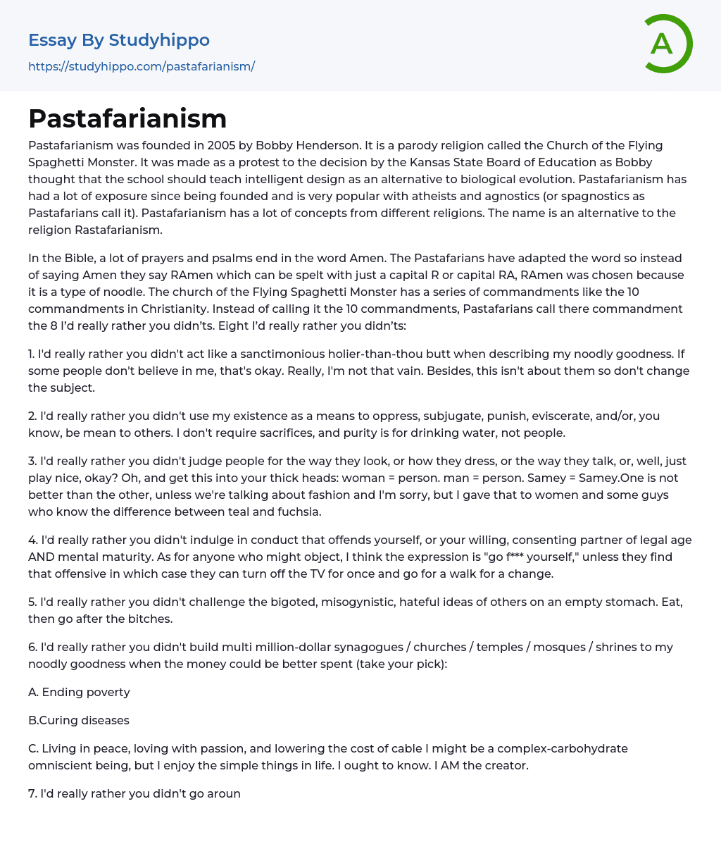 Pastafarianism Essay Example