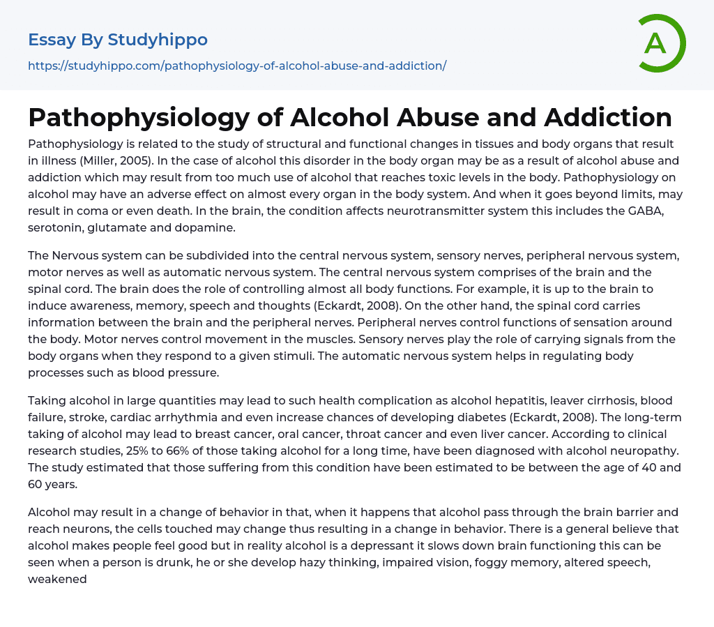 Pathophysiology of Alcohol Abuse and Addiction Essay Example