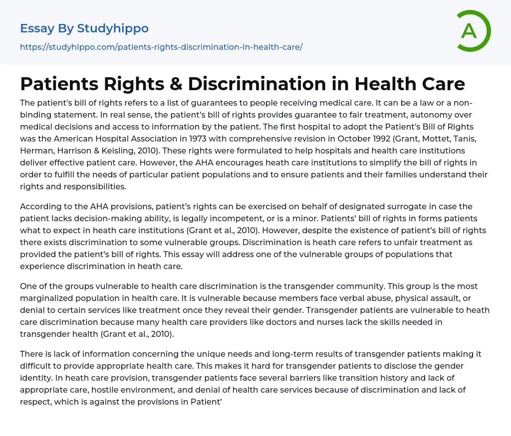 Patients Rights & Discrimination in Health Care Essay Example