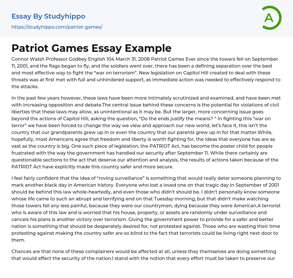 Patriot Games Essay Example