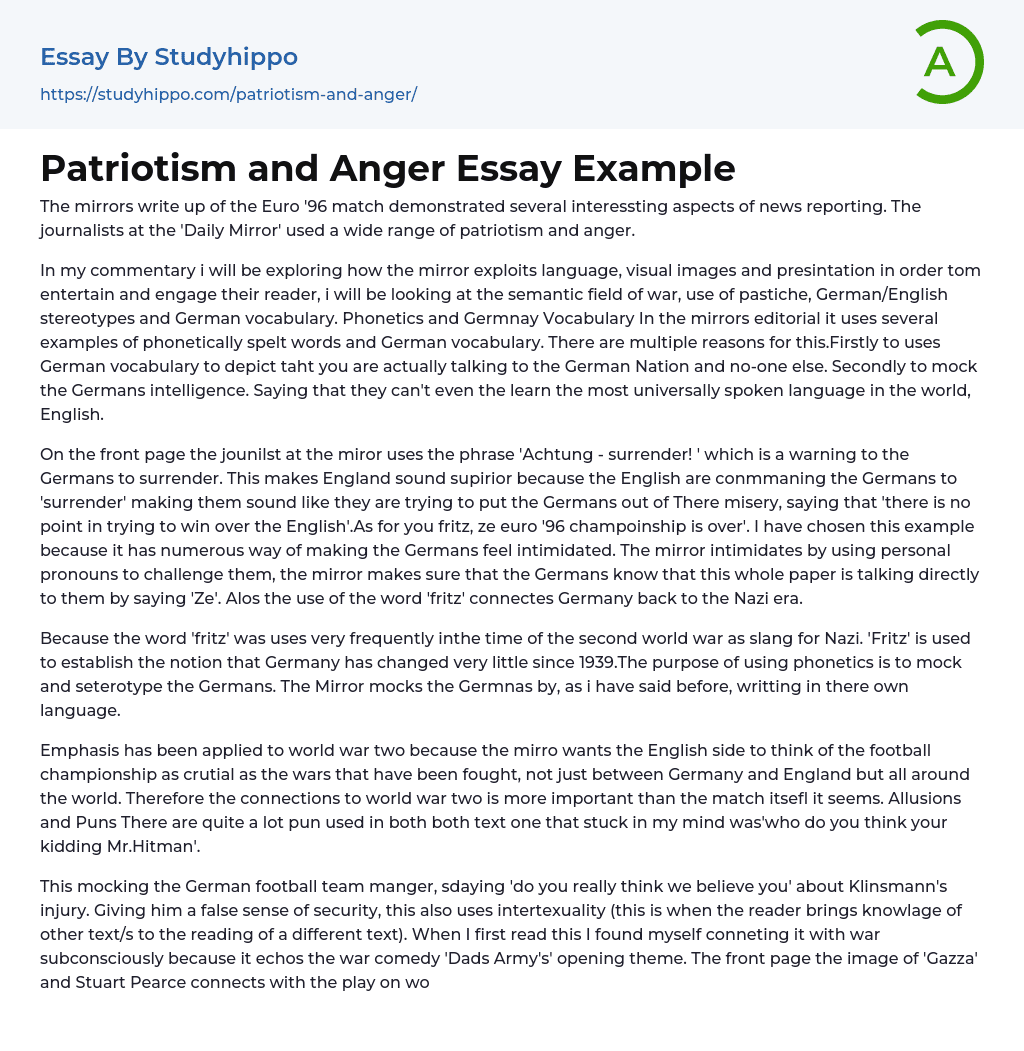 Patriotism and Anger Essay Example