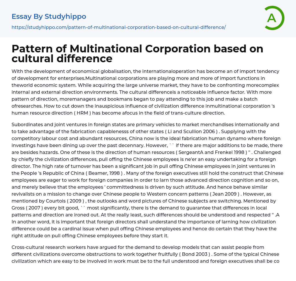 Pattern of Multinational Corporation based on cultural difference Essay Example