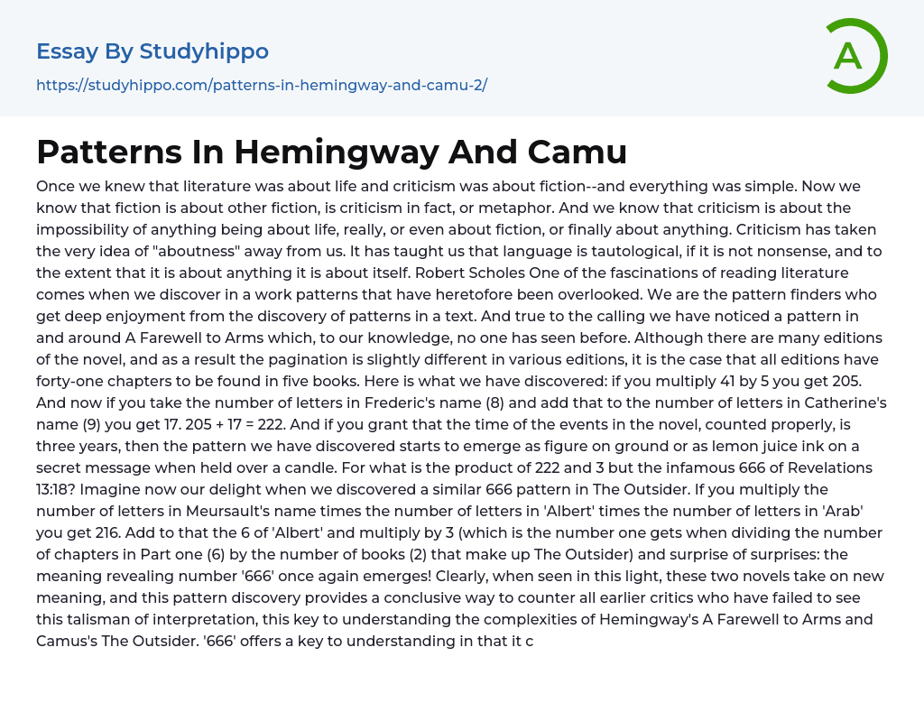 Patterns In Hemingway And Camu Essay Example