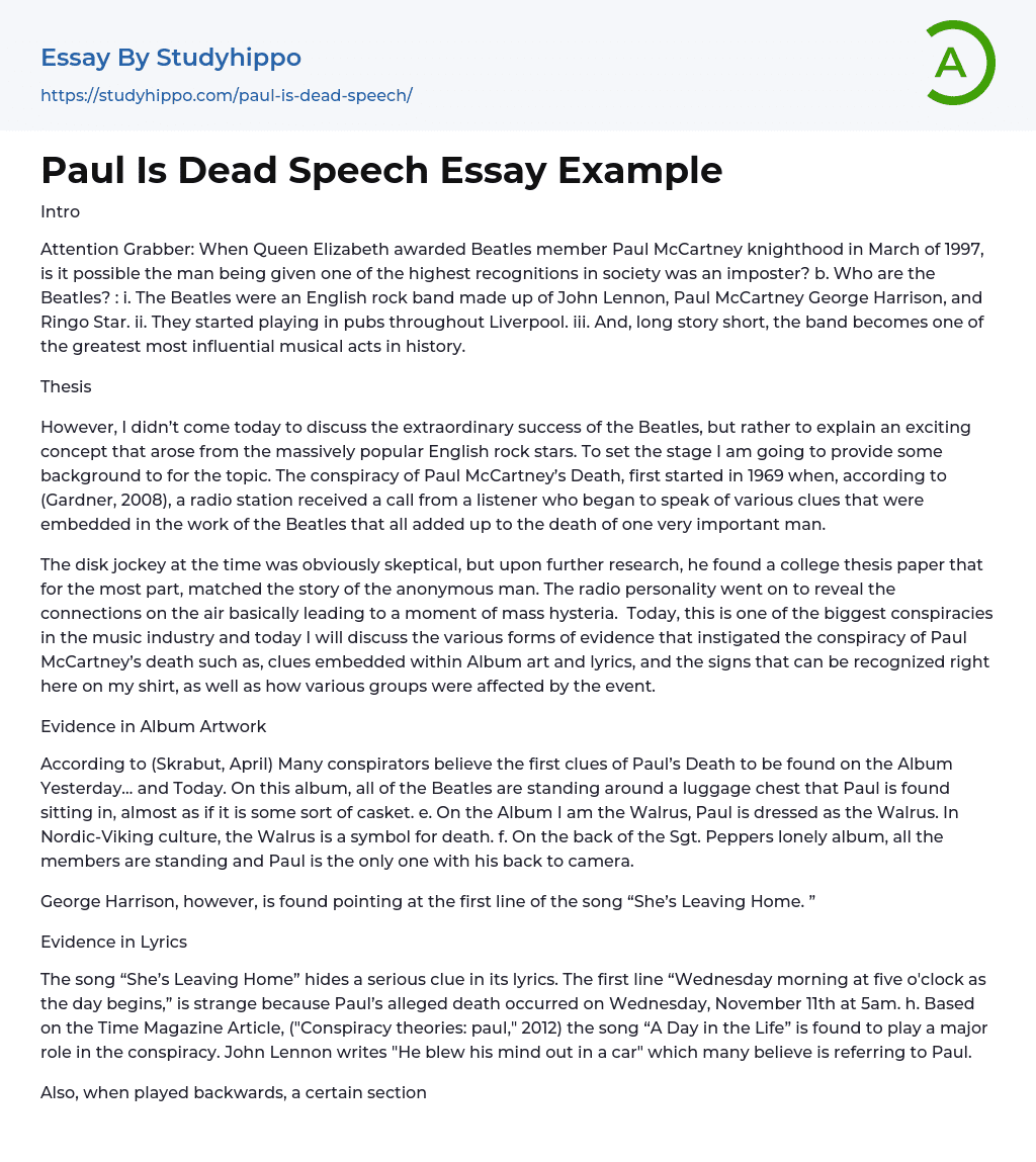 Paul Is Dead Speech Essay Example