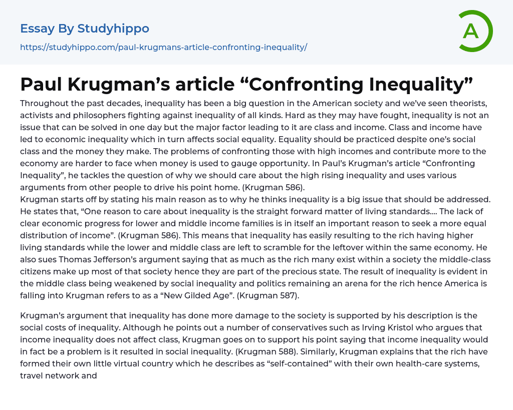 Paul Krugman’s article “Confronting Inequality” Essay Example