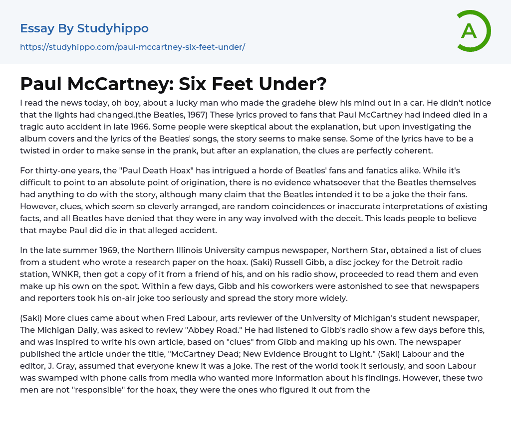 Paul McCartney: Six Feet Under? Essay Example