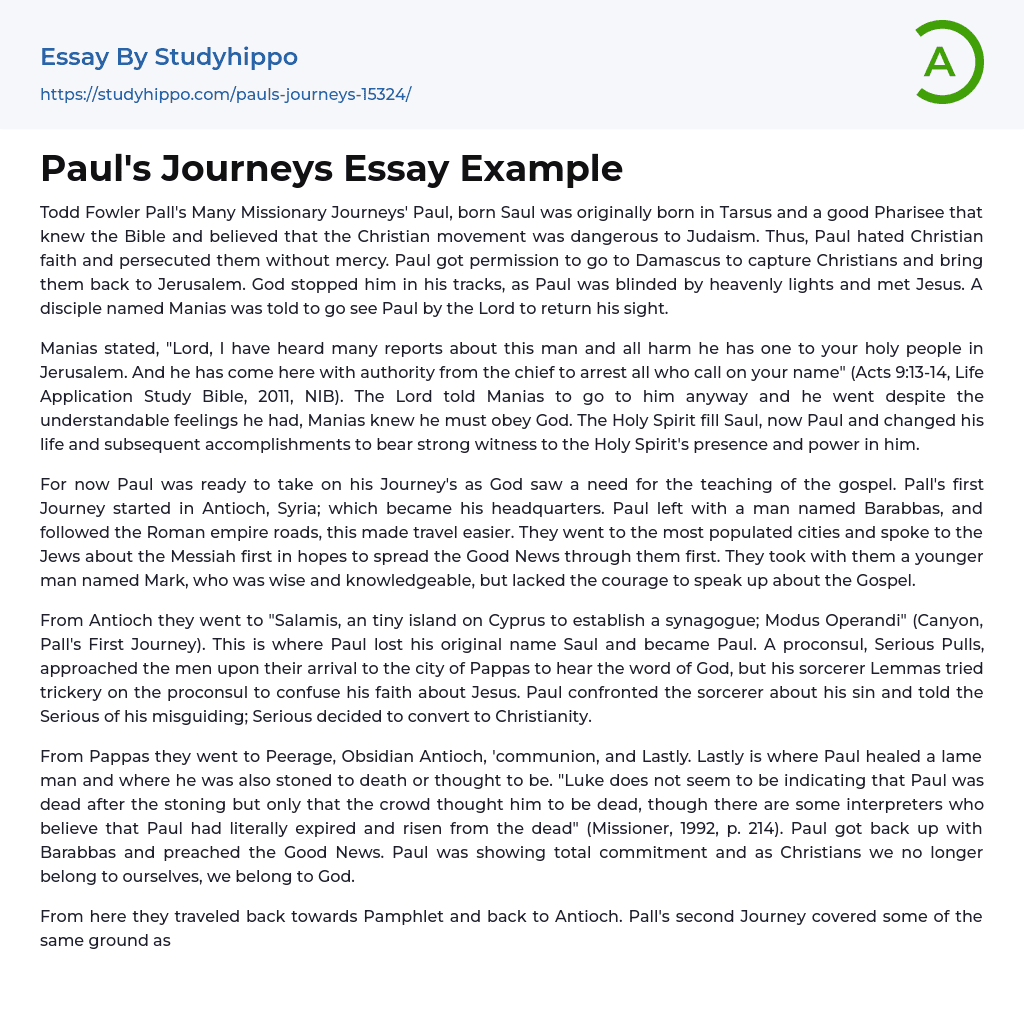 Paul’s Journeys Essay Example