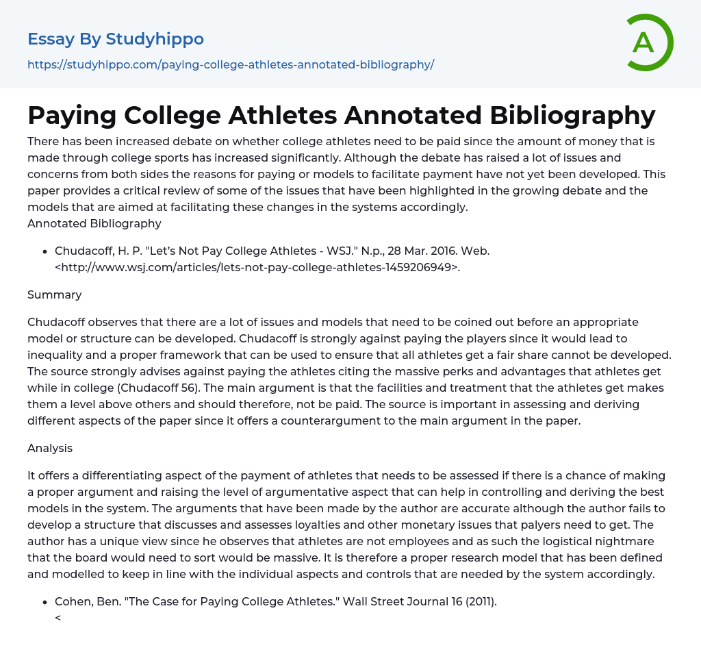 Paying College Athletes Annotated Bibliography Essay Example