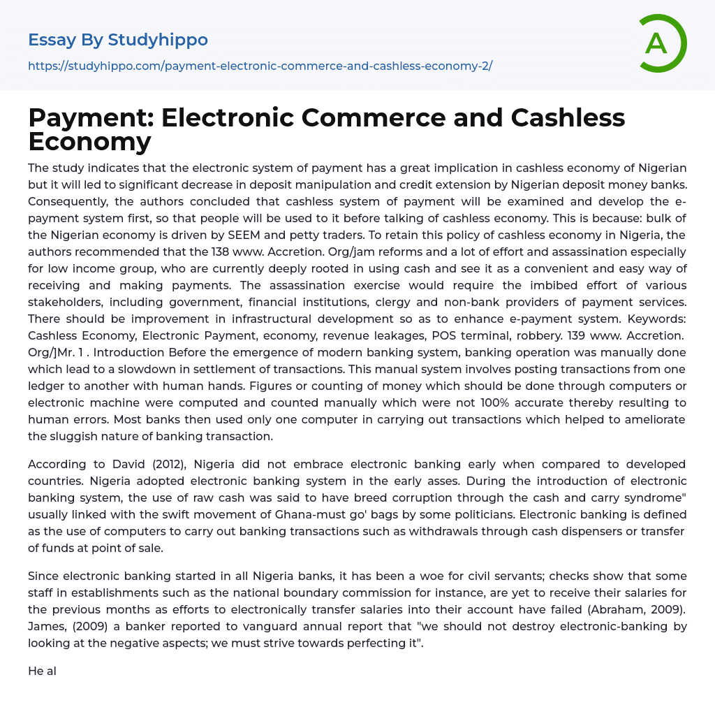 Payment: Electronic Commerce and Cashless Economy Essay Example