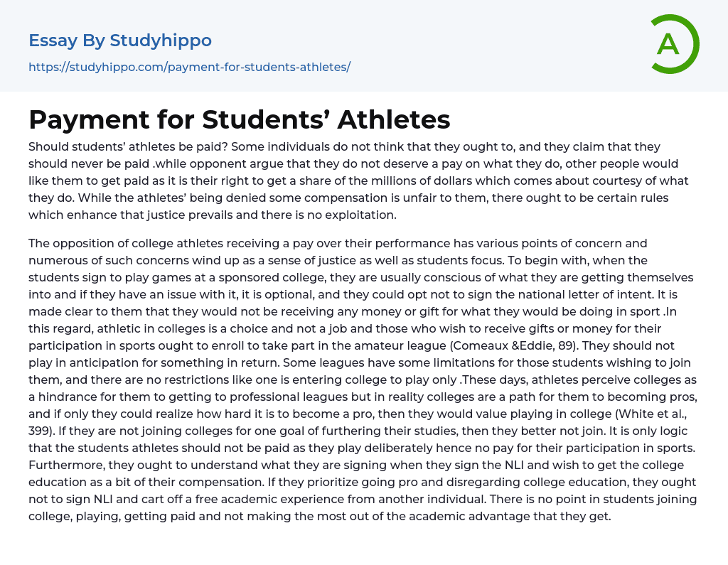 Payment for Students’ Athletes Essay Example
