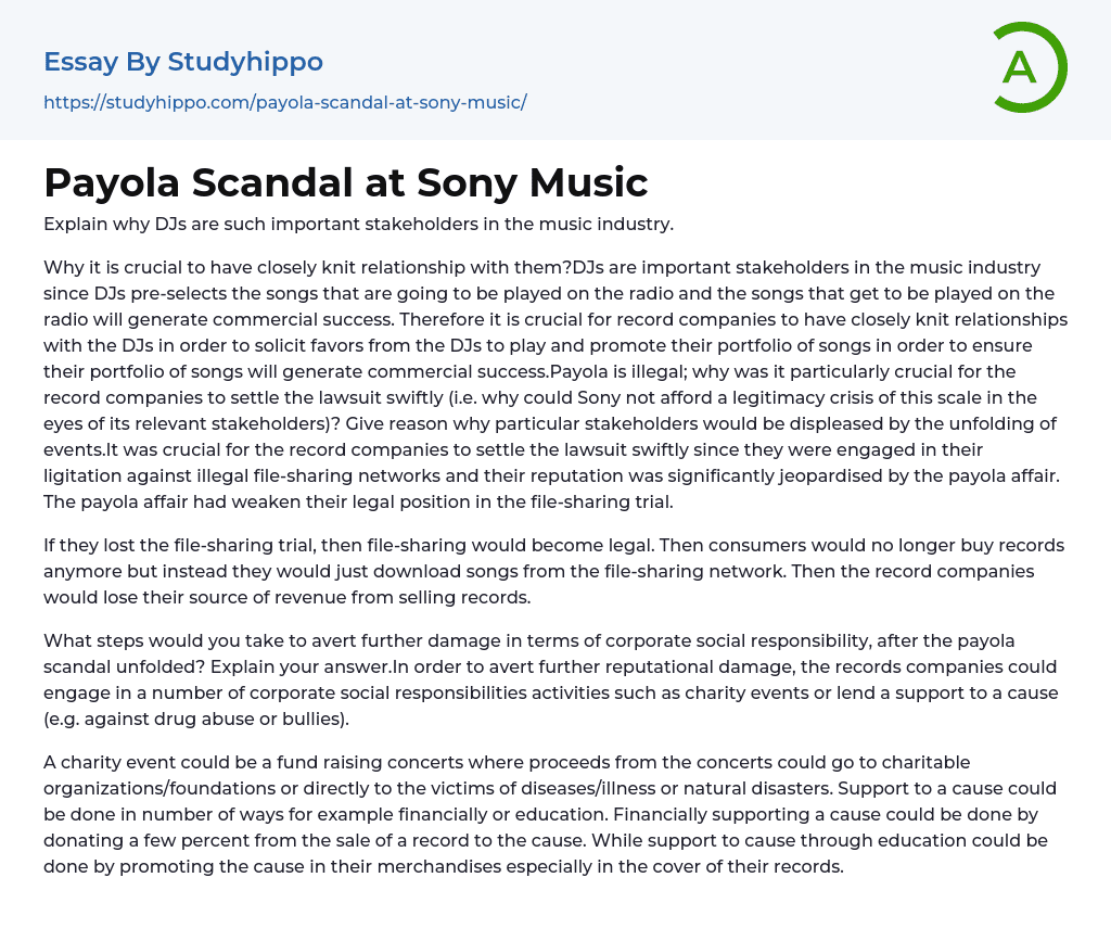Payola Scandal at Sony Music Essay Example