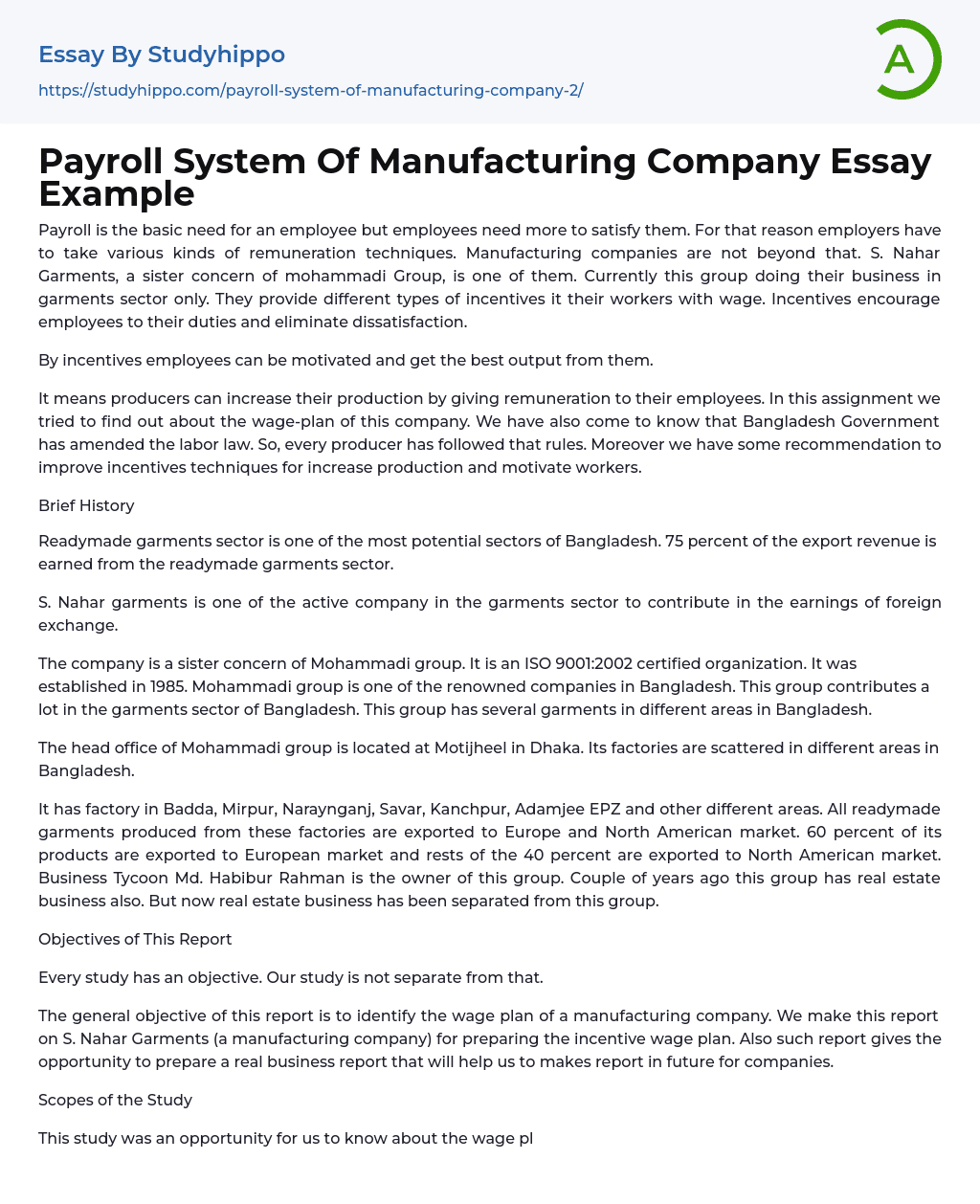 Payroll System Of Manufacturing Company Essay Example