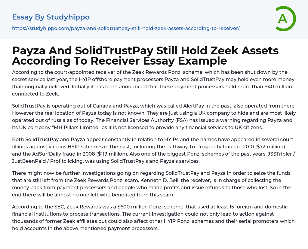 Payza And SolidTrustPay Still Hold Zeek Assets According To Receiver Essay Example