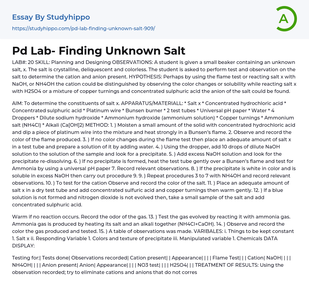 Pd Lab- Finding Unknown Salt Essay Example