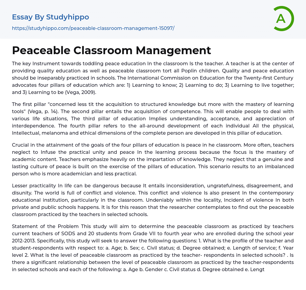 Peaceable Classroom Management Essay Example