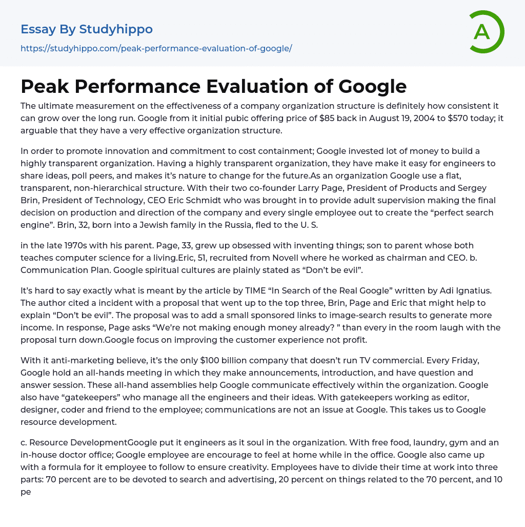 Peak Performance Evaluation of Google Essay Example
