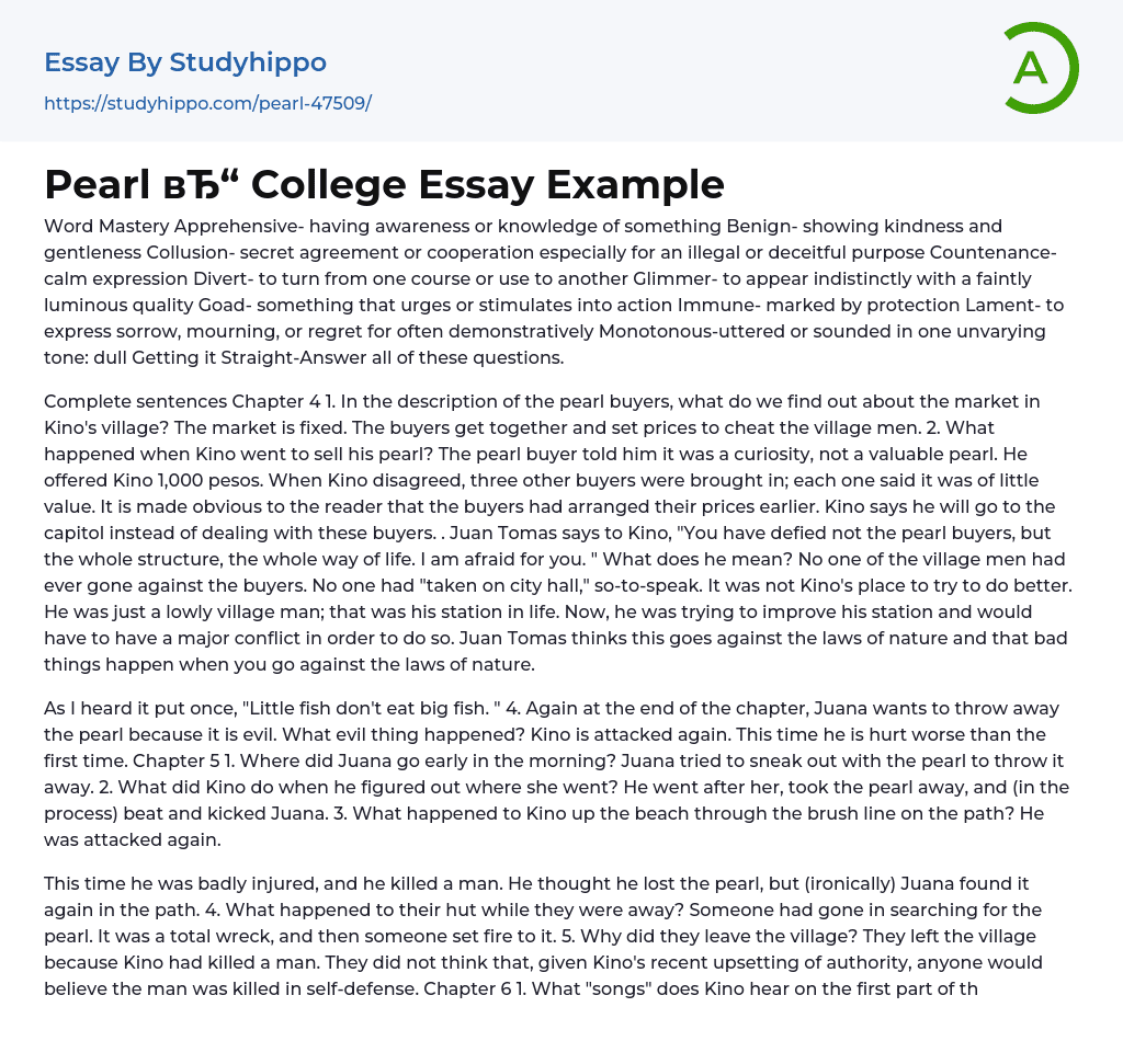 Pearl College Essay Example